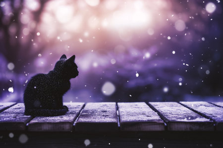 Black cat on a wooden bench with a snowfall in the backgroundの素材