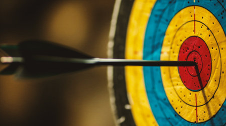 Close-up of a target with a dart in the center.の素材
