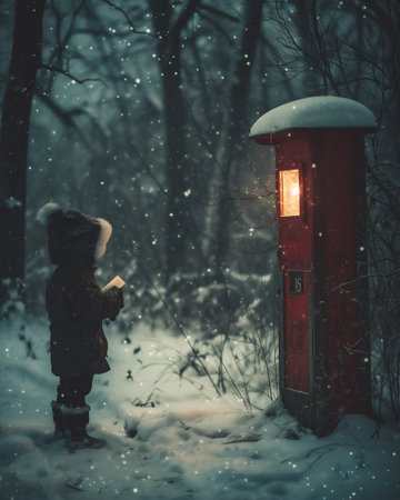 Cute little boy in the winter forest with red telephone booth.の素材