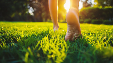 Close up of female legs walking on green grass in the park.の素材
