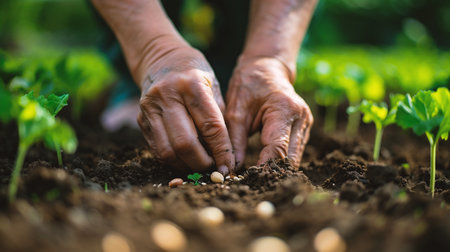Close up of senior woman's hands planting seedlings in the gardenの素材
