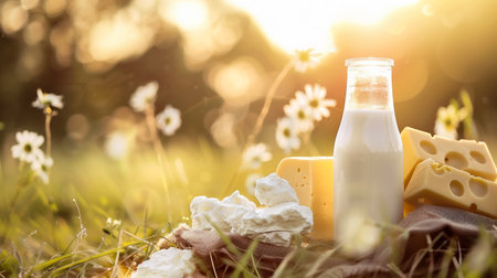 Milk in bottle and cheese on green grass in sunny day.の素材