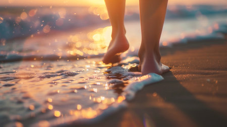 Close up of female legs walking on the beach at sunset time.の素材