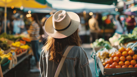 Back view of young woman with straw hat looking at fruits and vegetables at marketの素材