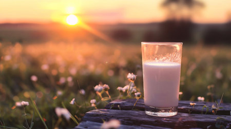 Glass of milk on a wooden table in the field at sunset.の素材
