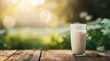 Glass of milk on a wooden table in the garden. Selective focus. nature.の素材