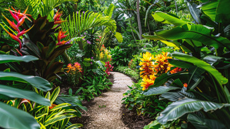 Beautiful tropical garden with green plants and path in the park.の素材