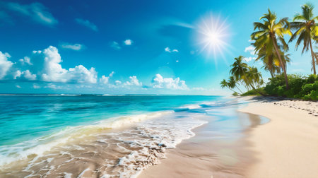 Tropical beach with palm trees at sunny dayの素材