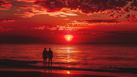 Romantic couple on the beach at sunset. Beautiful sunset over the sea.の素材