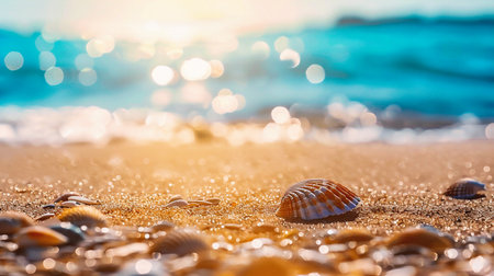 Seashells on the beach at sunset. Summer background.の素材