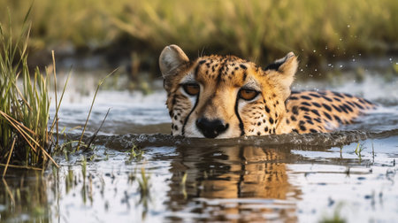 Cheetah (Acinonyx jubatus) in waterの素材
