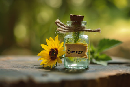 glass bottle with sunflower on wooden tableの素材