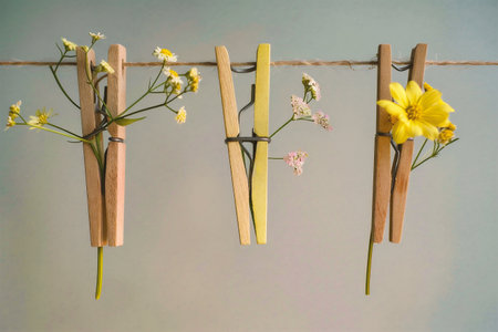 wooden clothespins hanging on a rope with flowers on a gray backgroundの素材