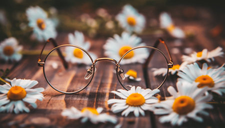 Glasses and daisies on a wooden table. Selective focus.の素材
