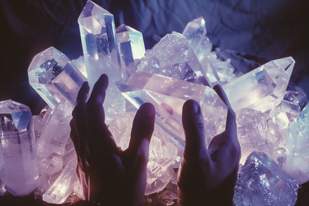 Hands of a man holding a crystal in front of him.の素材