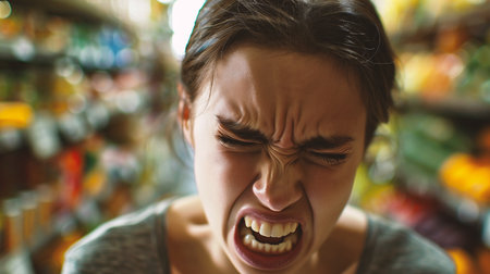 Close-up portrait of young woman screaming in supermarket. Shallow depth of fieldの素材