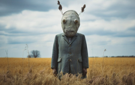 Funny monster in a wheat field. Halloween concept. Selective focus.の素材