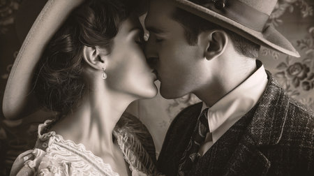 Beautiful young couple in classic clothes. Retro style. Sepia toned.の素材