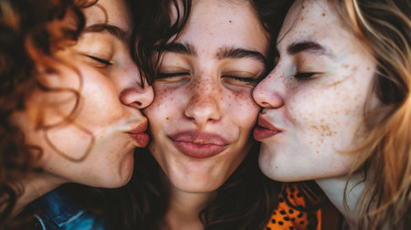Close-up portrait of three girls with freckles on their facesの素材