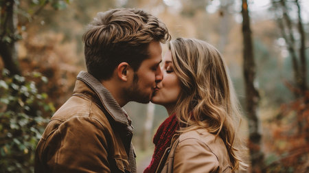 Young couple in love kissing in autumn forest. Young man and woman embracing in nature.の素材