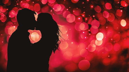 Silhouette of a loving couple against red bokeh backgroundの素材