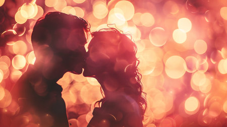 Loving couple kissing on the background of a festive bokehの素材
