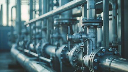 Industrial zone, Steel pipelines and valves on a factory background.の素材