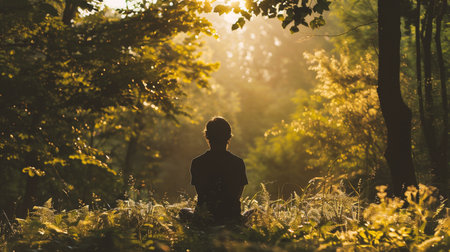Young man meditating in the forest at sunset, back view.の素材