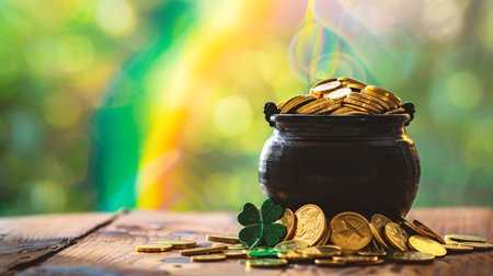 Pot of gold coins for St. Patrick's Day on green bokeh backgroundの素材