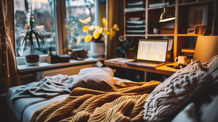 Laptop on a bed in a cozy room in the evening.の素材