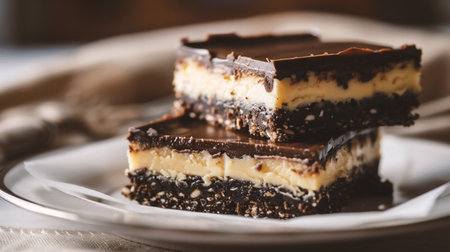 Delicious chocolate cake on wooden table, closeup. Delicious dessertの素材