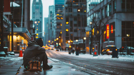 Man sitting on the street at night with lights in the backgroundの素材
