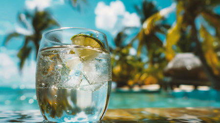 Cocktail with lime and ice on the background of palm treesの素材