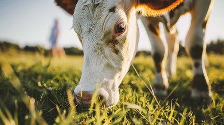 Close-up of a cow grazing on a green meadow.の素材