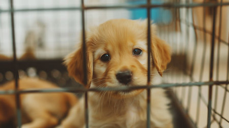 Cute Golden Retriever puppy in a cage. Selective focus.の素材