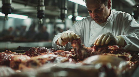 Chef preparing meat in the kitchen of a meat factory. The concept of food production and processingの素材