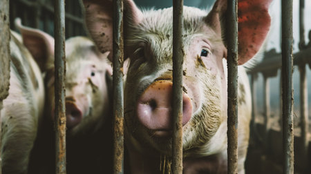 Portrait of a young pig in a cage at a farm.の素材