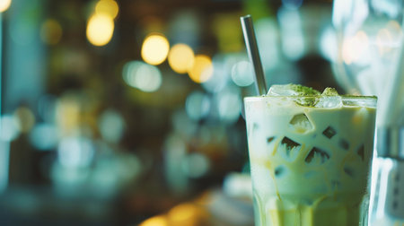 Iced matcha green tea with milk in cafeの素材