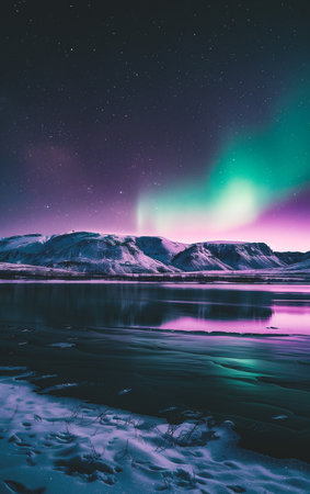 Aurora borealis, northern lights over the fjord in Icelandの素材