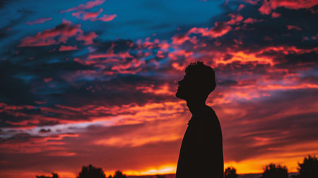 Silhouette of a man looking at the sunset sky with cloudsの素材