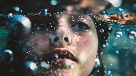 Close-up portrait of a beautiful young woman underwater in the waterの素材