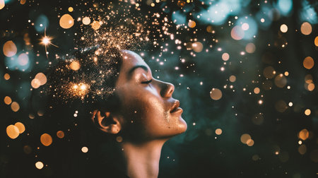 Beautiful woman with sparkles and bokeh lights on her faceの素材