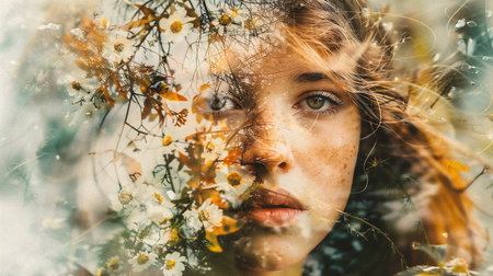 Portrait of a beautiful girl with flowers in her hair. Photo in old color image styleの素材