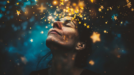 Young woman with closed eyes and glowing stars on her face. Dream concept.の素材