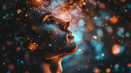 Portrait of a beautiful man with closed eyes and glowing dust.の素材