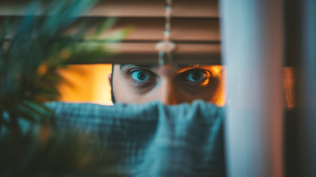 Young woman looking through the blinds at home. Focus on eyes.の素材