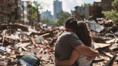 Man and woman hugging each other while standing in front of destroyed buildingの素材