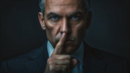 Handsome middle aged businessman in suit making silence gesture on dark backgroundの素材