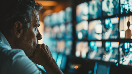 Portrait of mature man in headphones looking at computer monitor while sitting in officeの素材