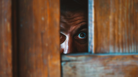 Close-up portrait of a man peeking through a wooden doorの素材